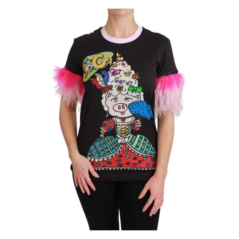 Dolce & Gabbana Women's Multicolor T-Shirts, S, Year Of The Pig T-Shirt, Colorful Crewneck Top