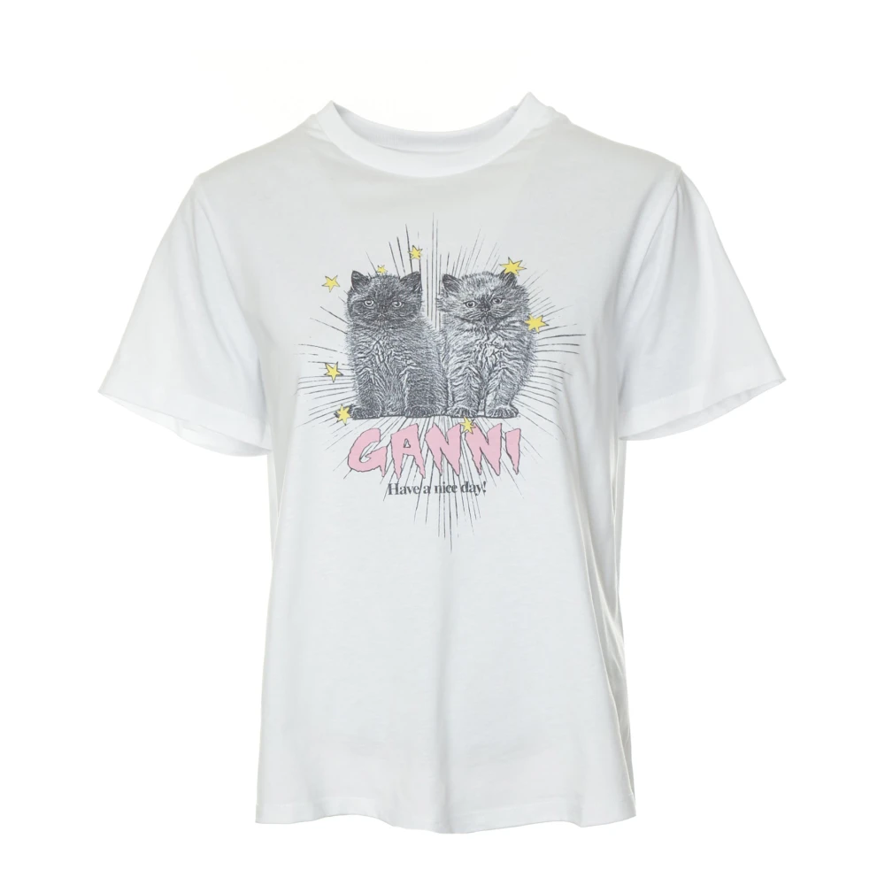 Ganni Söt Kittens Jersey T-shirt White, Dam