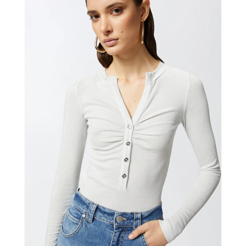 pinko Metallic Geribbelde Lange Mouw Henley Trui Gray Dames