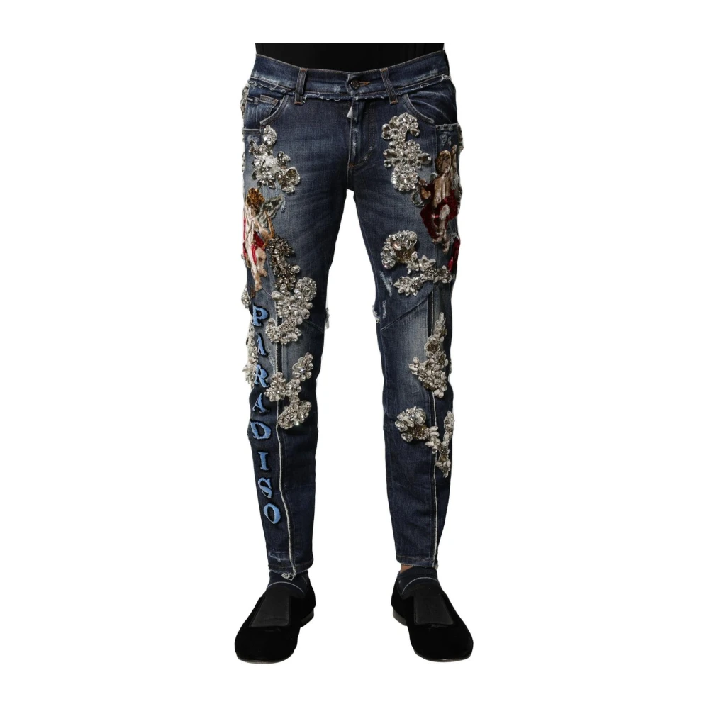 Dolce & Gabbana Men's Blue Rhinestone Embellished Slim Jeans