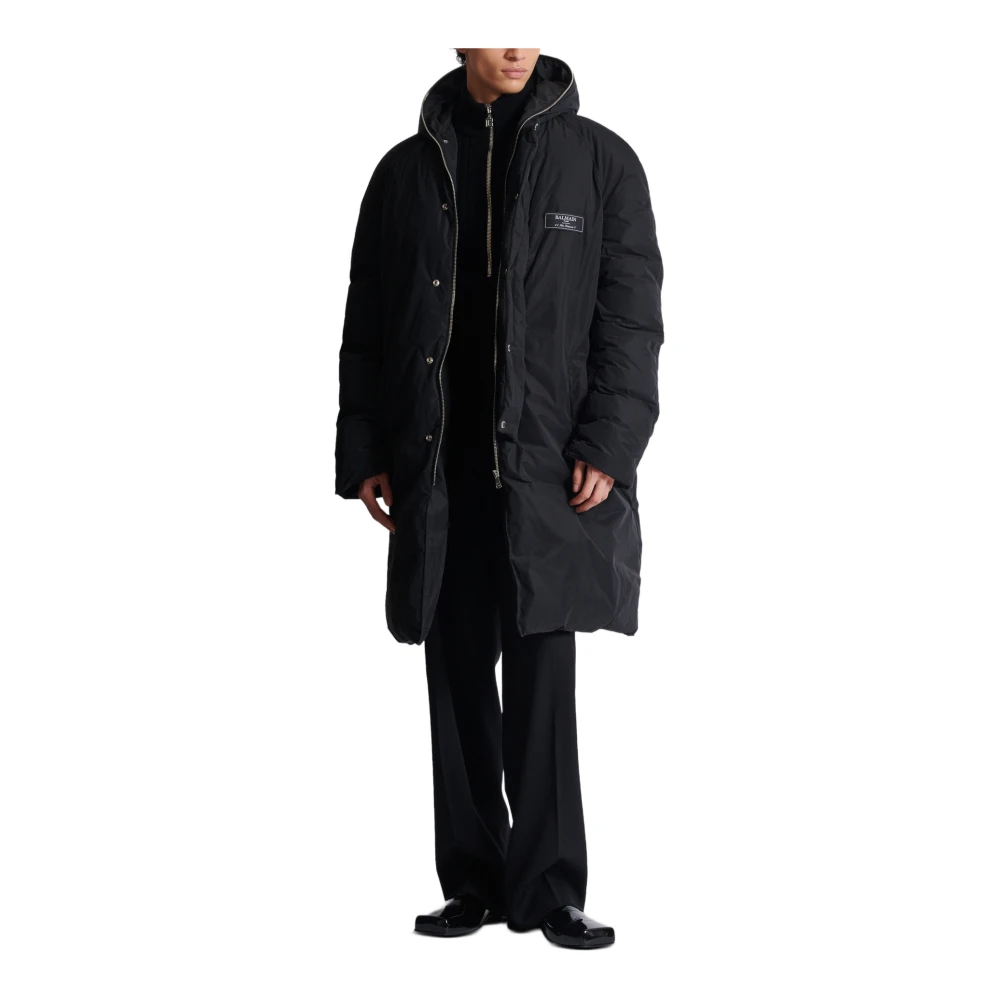 Balmain Lange Gewatteerde Nylon Jas Black Heren
