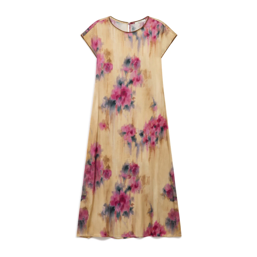 Maliparmi Zijden Boeket Wijdvallende Jurk Beige Dames