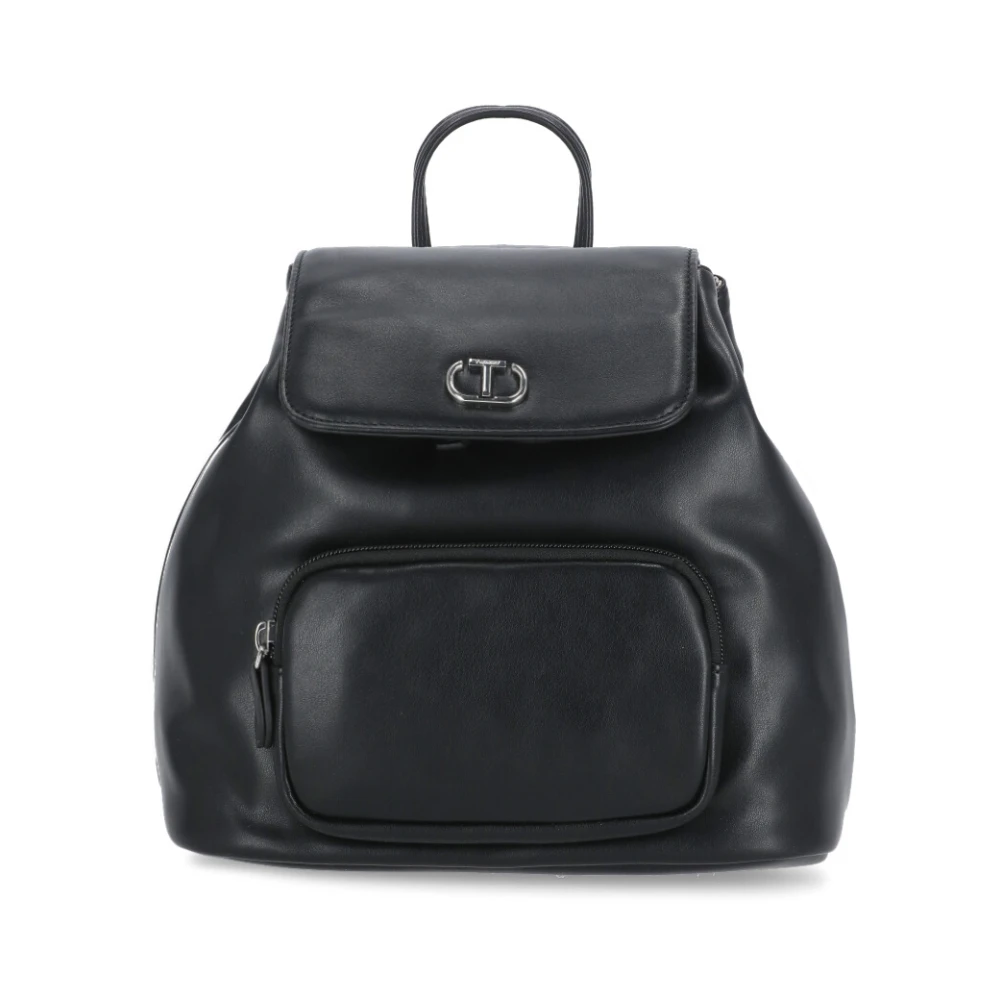 Twinset Zwarte kinderleren tas met trekkoorden Black Dames