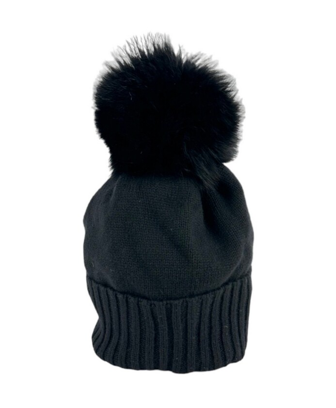 Cappello di lana nero con pom pom di pelliccia di volpe, D.Exterior, Uomo
