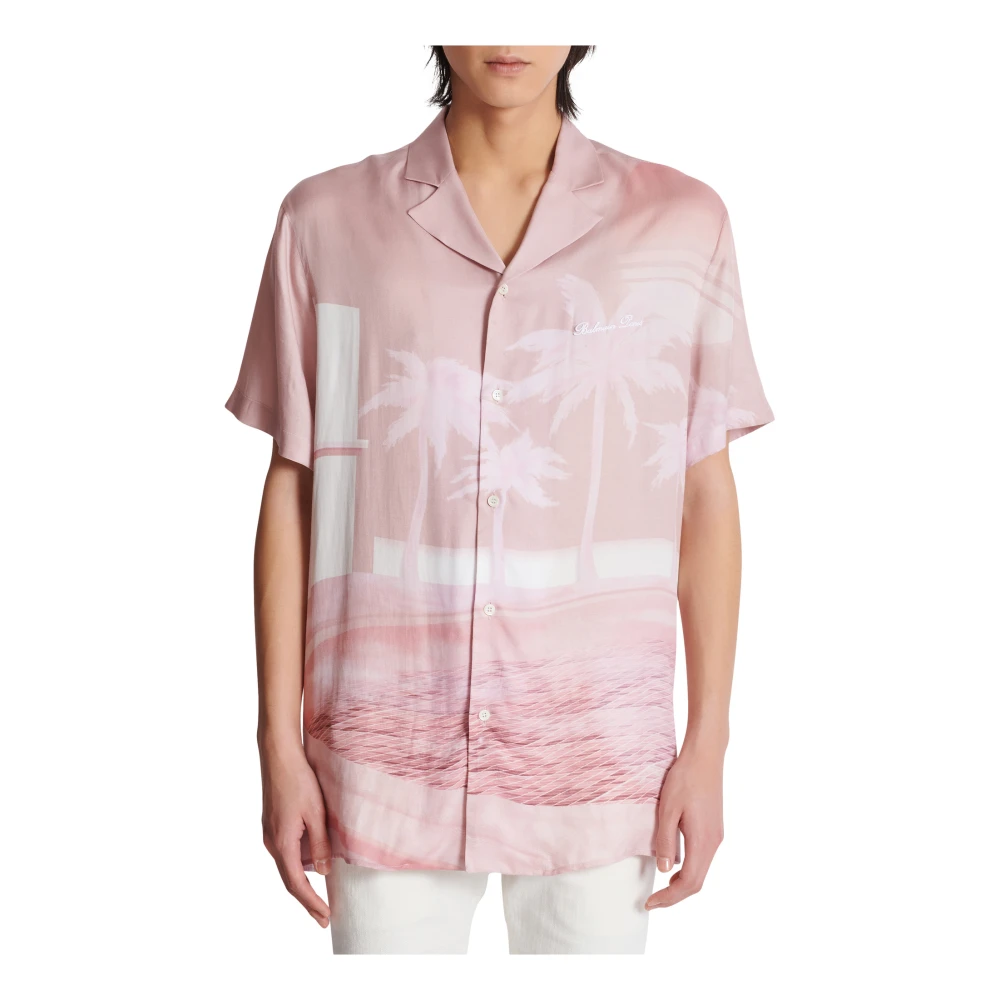 Balmain Kortemouw twill pyjamashirt met ansichtkaartprint Pink Heren