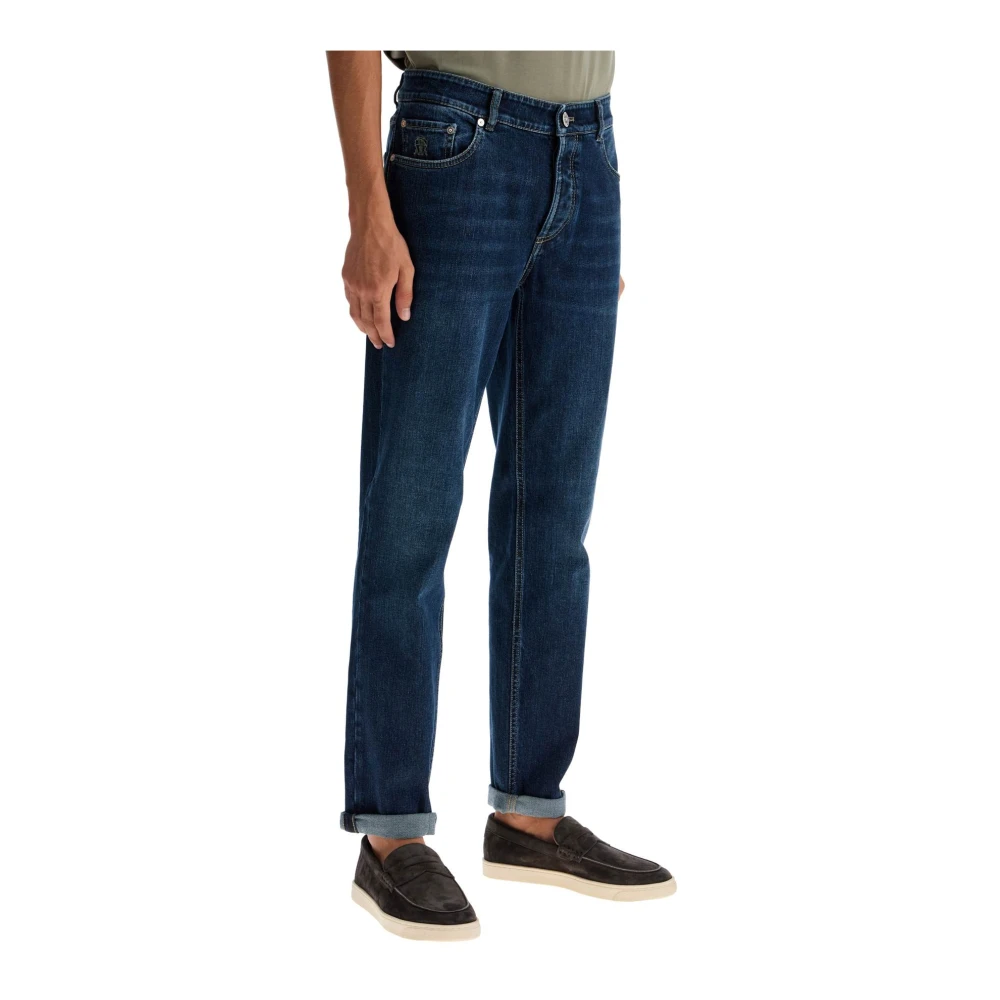 BRUNELLO CUCINELLI Donkere Wassing Stretch Denim Traditionele Fit Jeans Blue Heren
