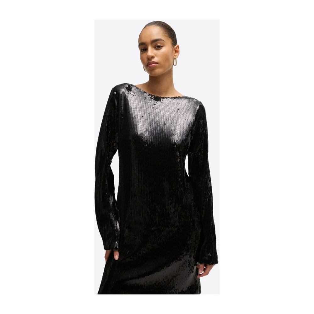 Hugo Boss Paillet Lange Mouw Jurk Black Dames