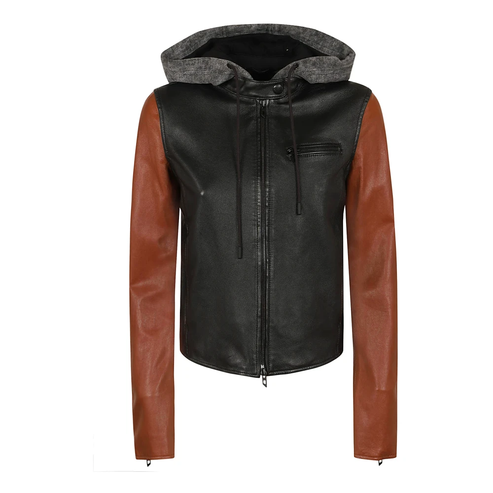 Diesel Zwarte leren jas met grijze capuchon Black Dames