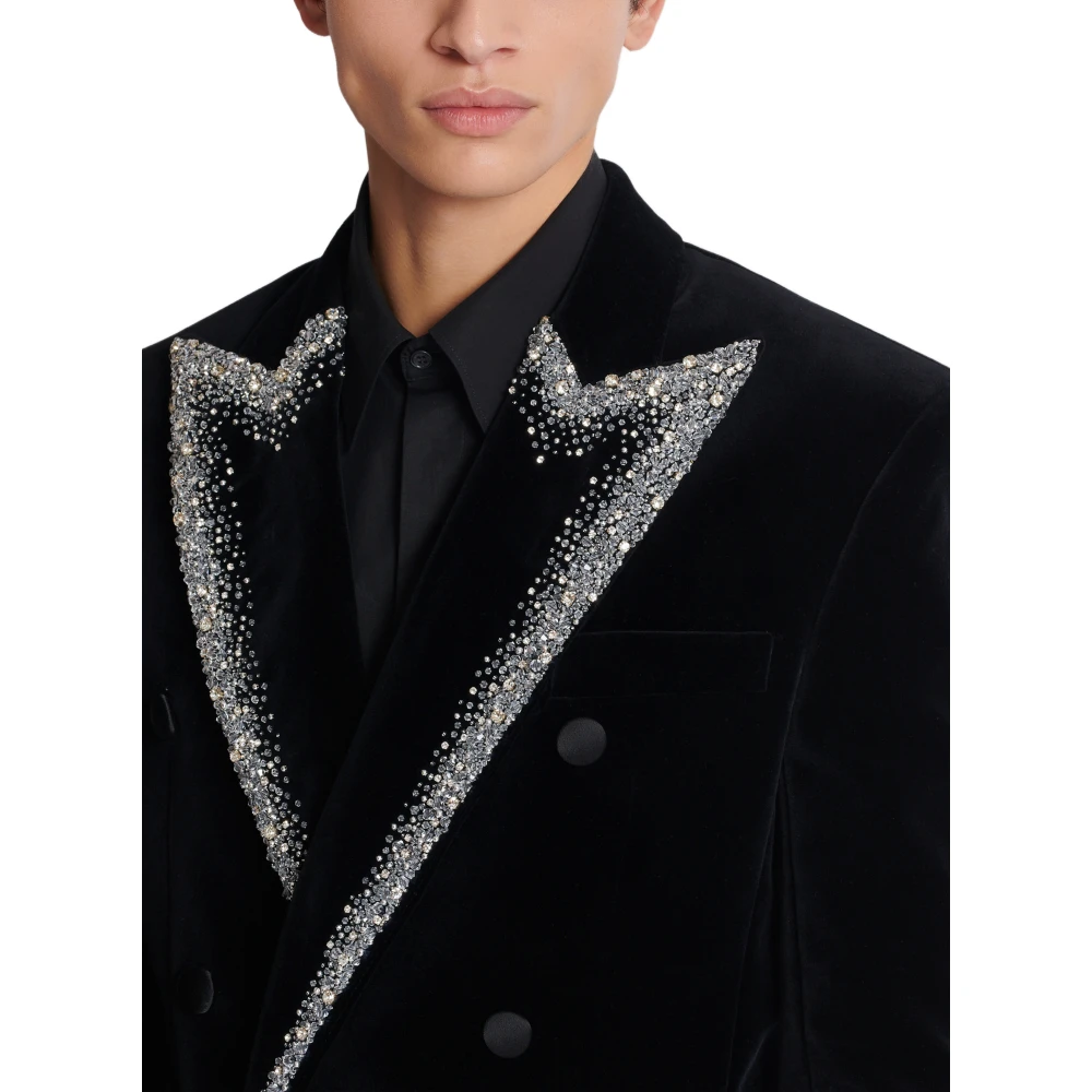 Balmain Fluwelen jas met geborduurde kraag Black Heren