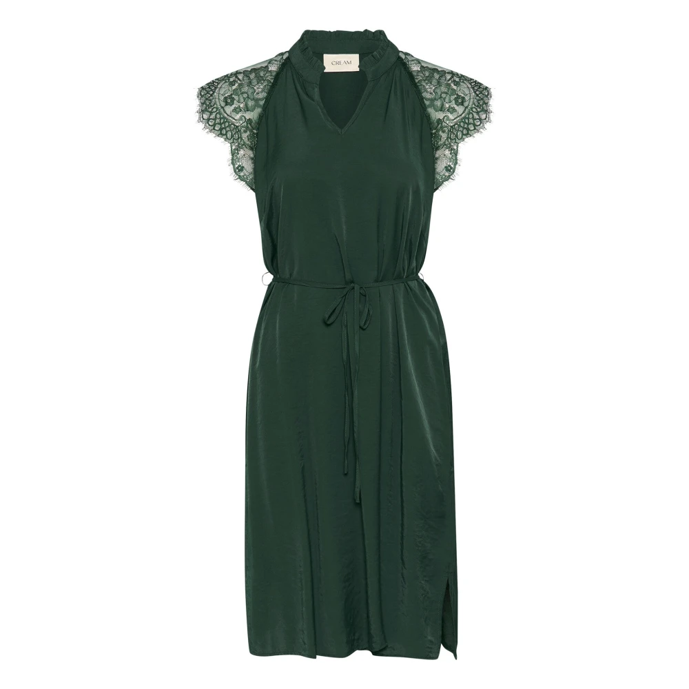 Cream Green Short Dresses, Female, 3XL, Lace Dress With V-Neck And Waist Tie