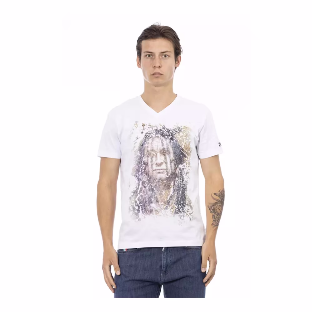 Weißes V-Ausschnitt T-Shirt mit Frontdruck