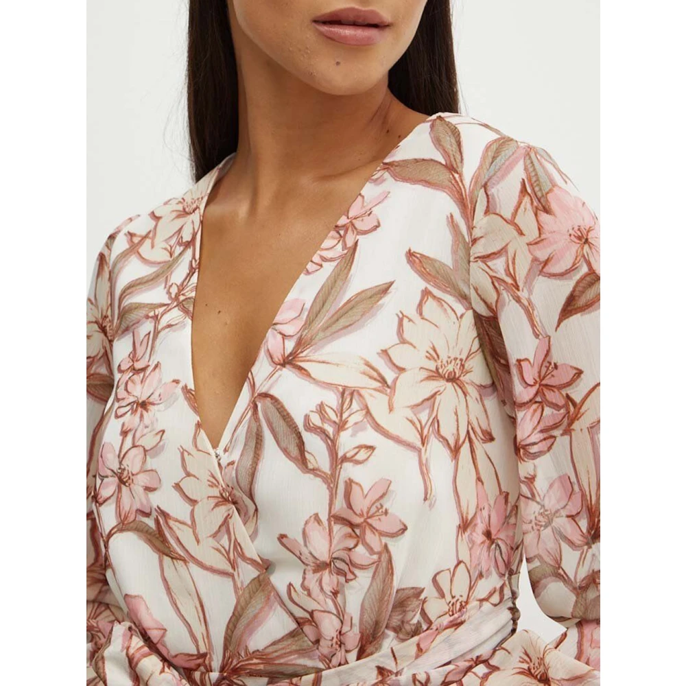 Guess Bloemen Mini Jurk met Klokmouwen Beige Dames