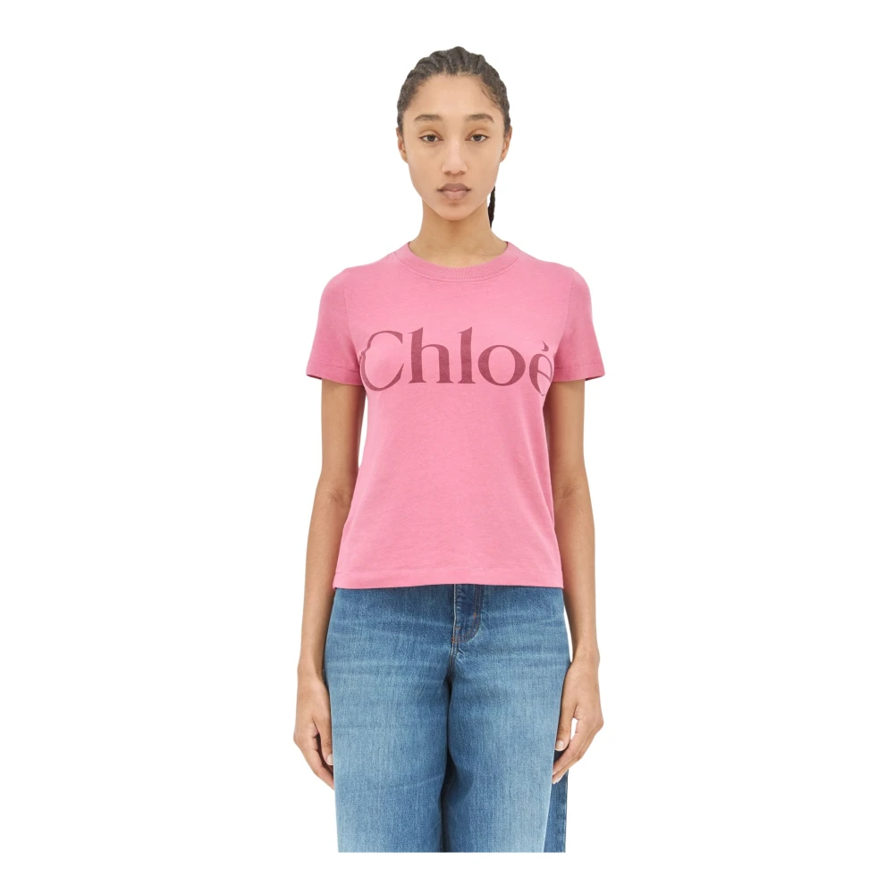 Chloé Katoen Logo T-shirt Korte Mouw Pink Dames