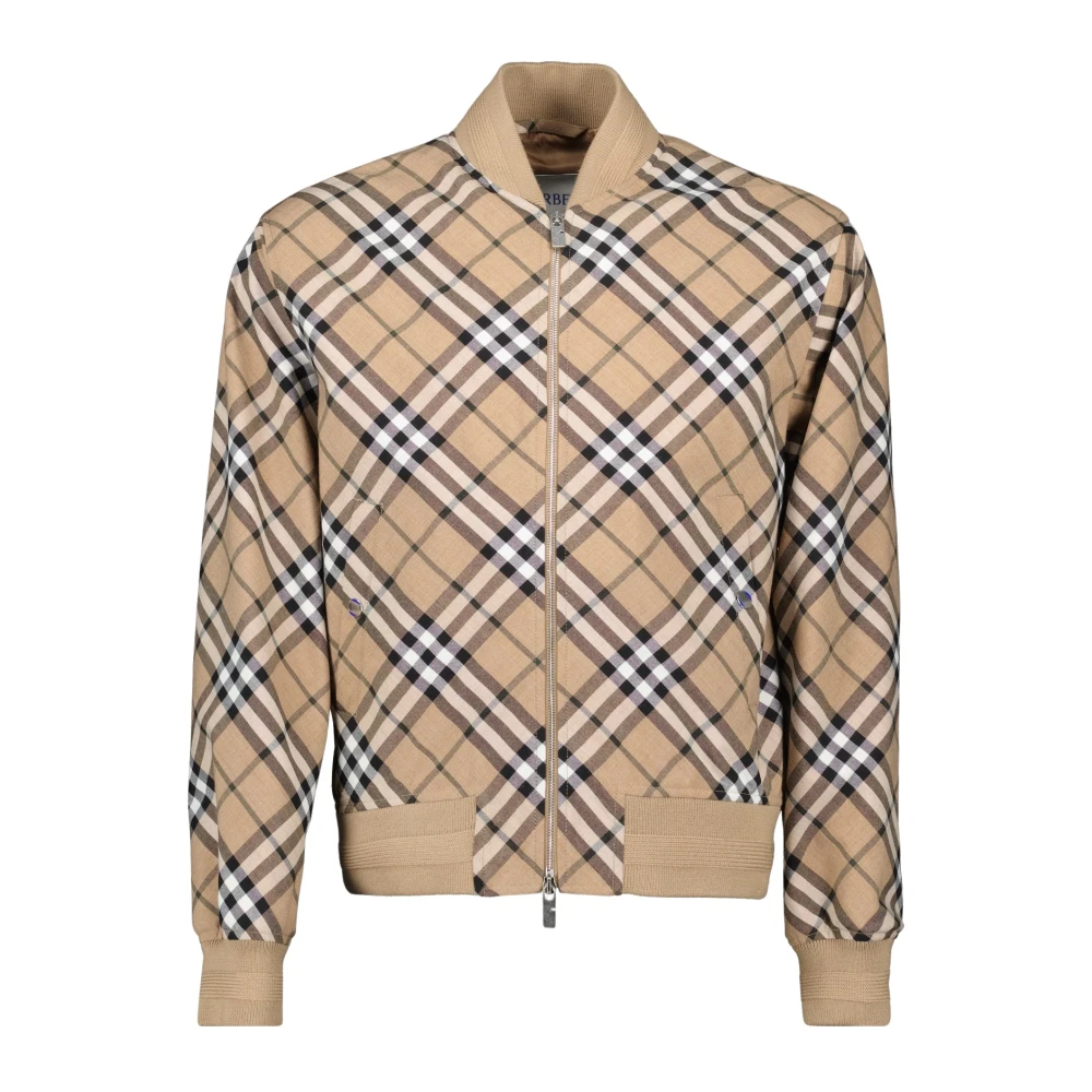 Burberry Men's Beige Bomber Jackets, S, Checked Bomber Jacket For