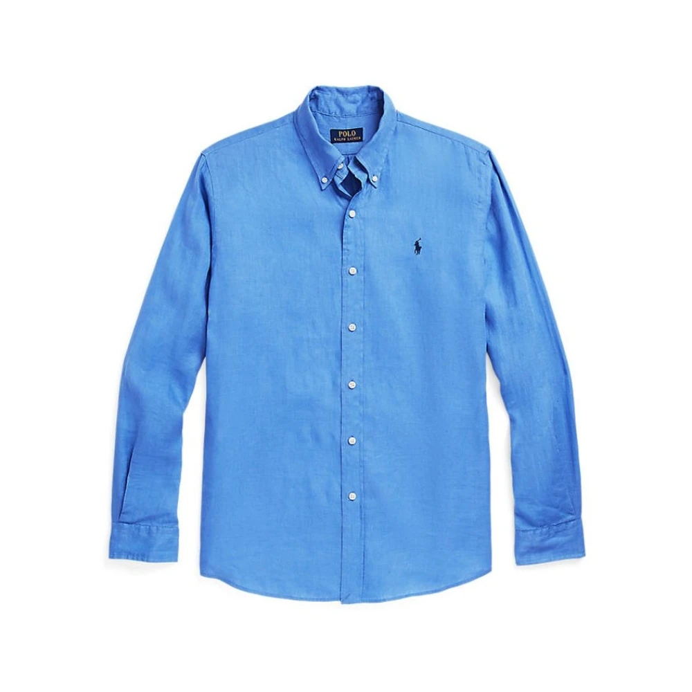 Polo Ralph Lauren Blauw Linnen Logo Geborduurd Overhemd Blue Heren