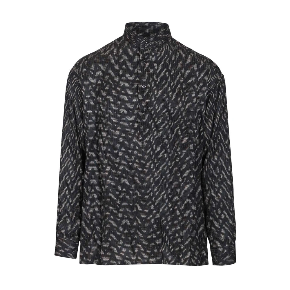 Giorgio Armani Mannelijk Blauw Overhemden Heren, M, Chevron-Print Viscose En Zijden Overhemd