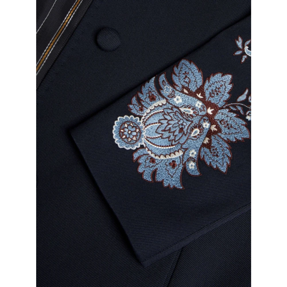 ETRO Blauwe Wollen Blend Bloemen Geborduurde Jas Blue Dames