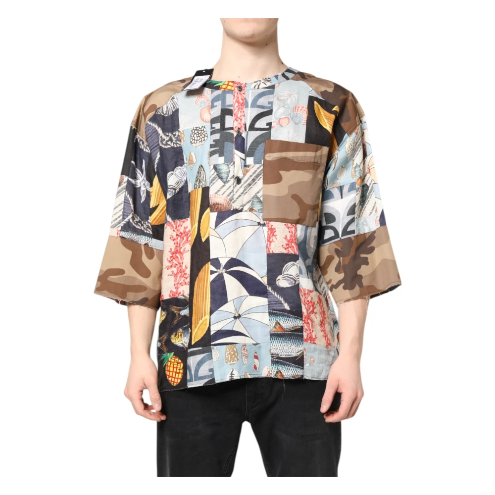 Dolce & Gabbana Men's Multicolor Short Sleeve Shirts, M, Patchwork Short Sleeves Casual Shirt