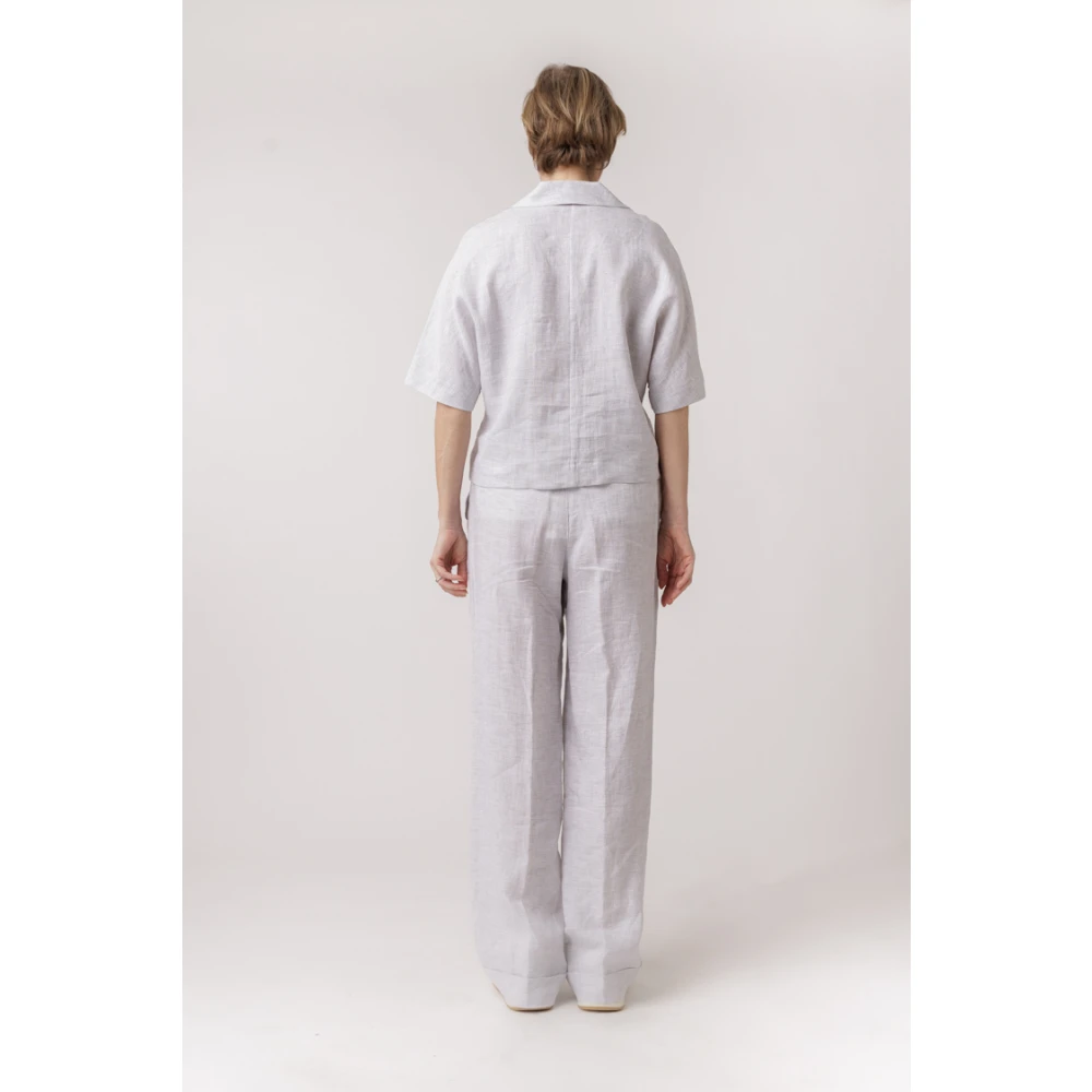 PESERICO Elastische Taille Linnen Broek Rechte Pijp Gray Dames