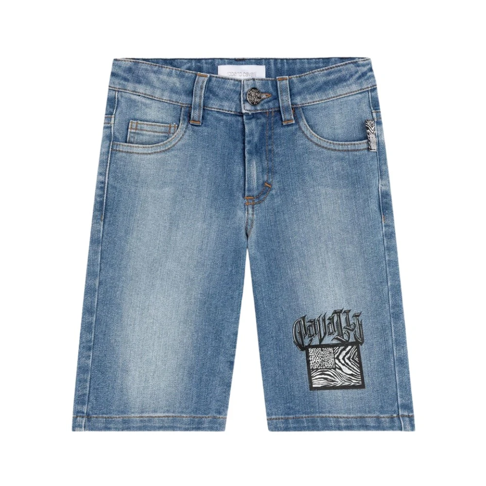 Roberto Cavalli Blue Shorts, Male, 16 Y, Animalier Patchwork-Print Appliqué Denim Shorts