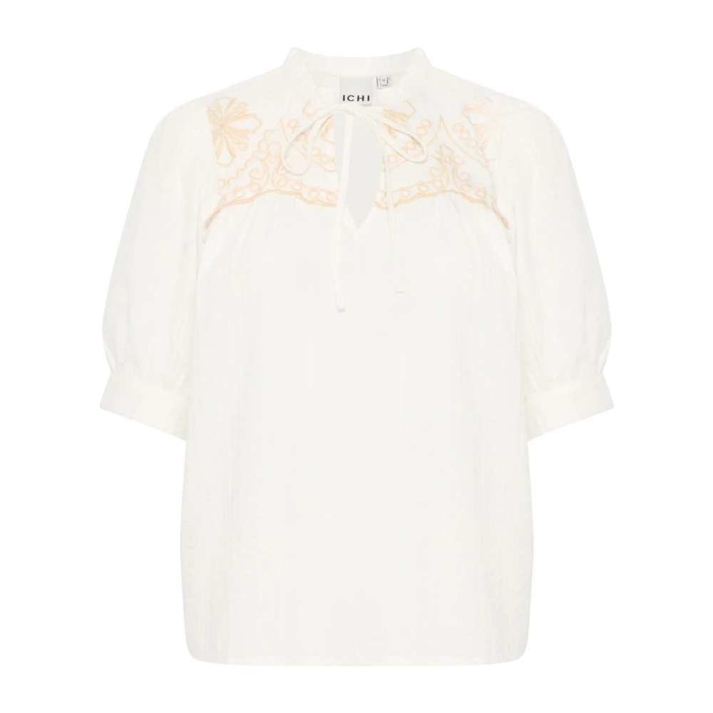 Ichi White Blouses, Female, L, Cloud Dancer Embroidered Top