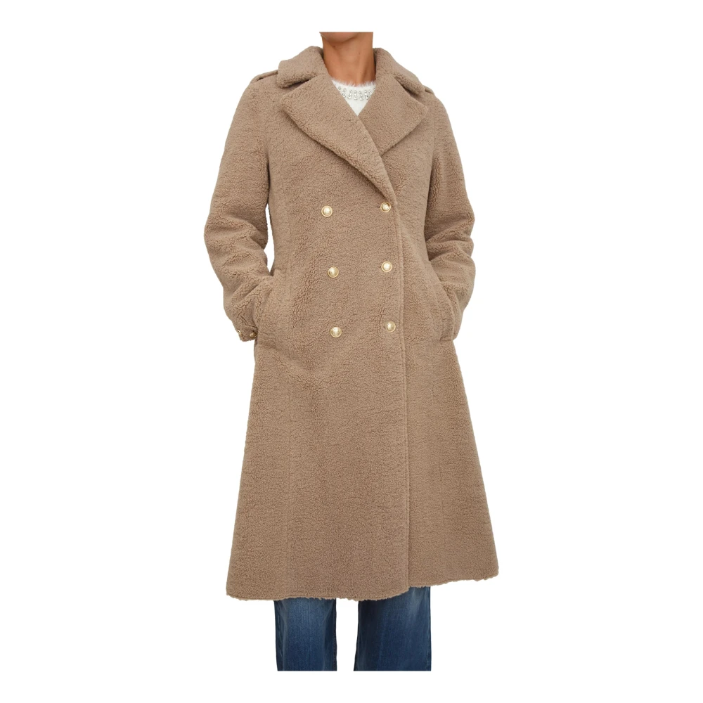 Guess Women's Beige Double-Breasted Coats, S, Faux Fur Long Coat