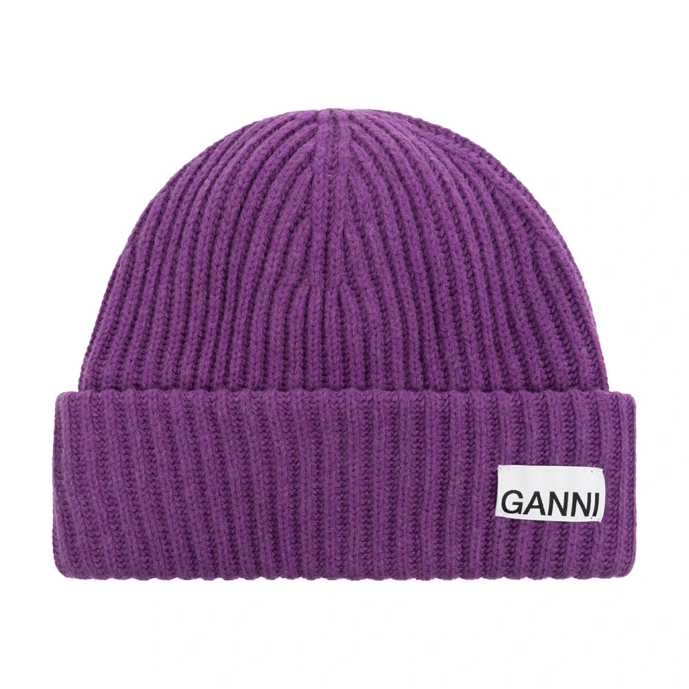 Ganni Beanie met logo Purple Dames