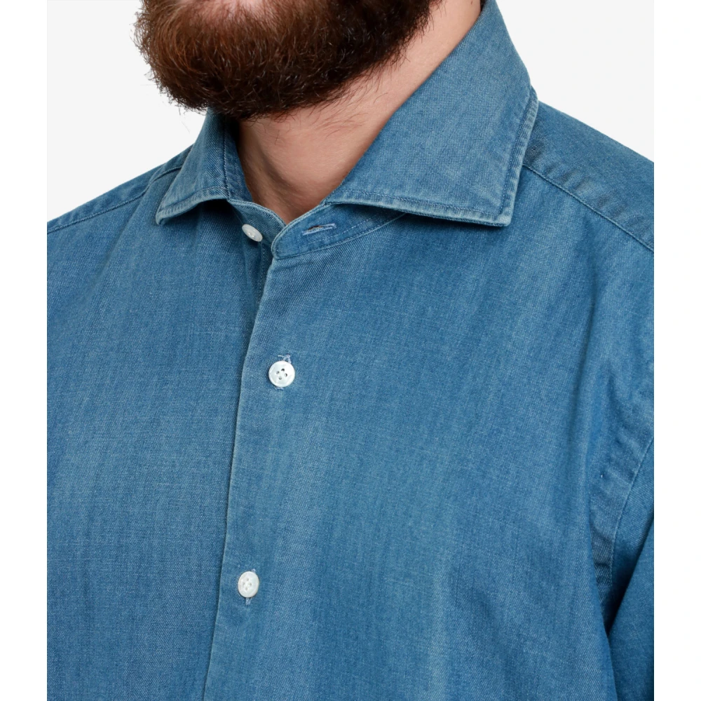 Barba Denim Overhemd Klassieke Kraag Lange Mouwen Blue Heren