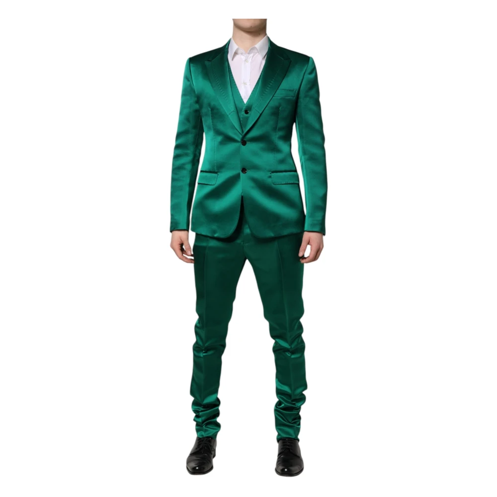 Dolce & Gabbana Men's Green Single Breasted Suits, L, Silk 3 Piece Suit