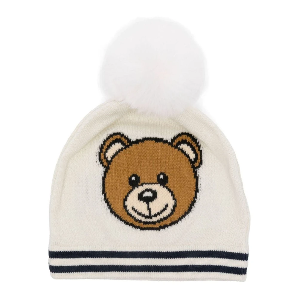 Moschino Pom Pom Stickad Mössa med Teddy Logo White, Unisex