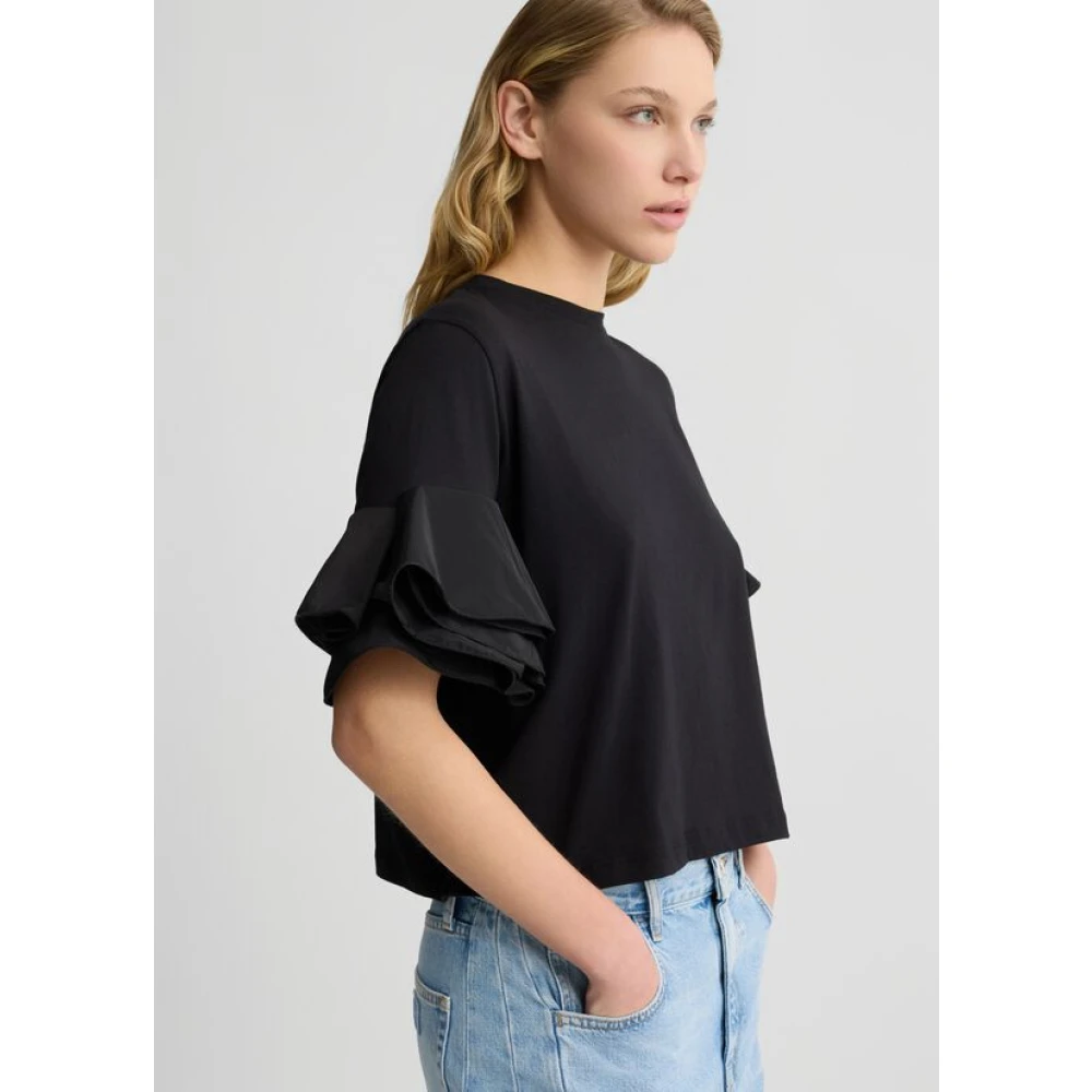 Liu Jo Zwarte katoenen T-shirt met taffeta ruches Black Dames