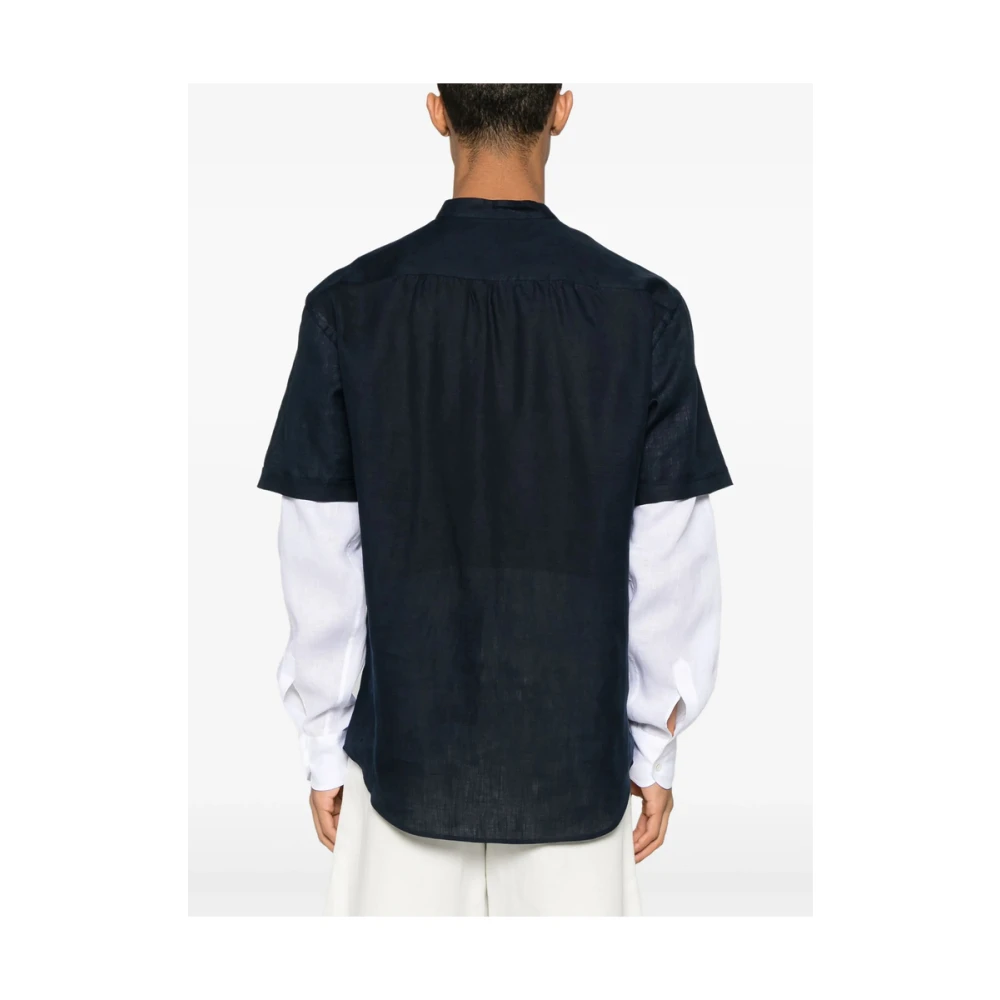 Giorgio Armani Navy Blue Layered Band Collar Shirt Blue Heren