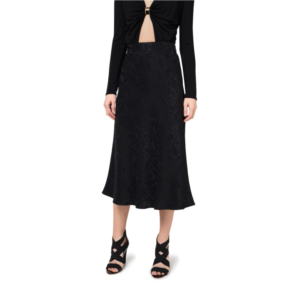 Elisabetta Franchi Uitlopende Midi Rok met Jacquard Letters Black Dames