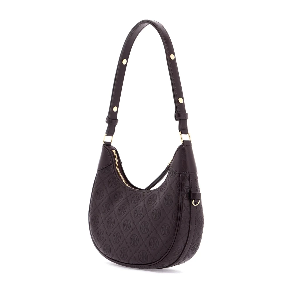 TORY BURCH Monogram Leren Halvemaan Tas Brown Dames