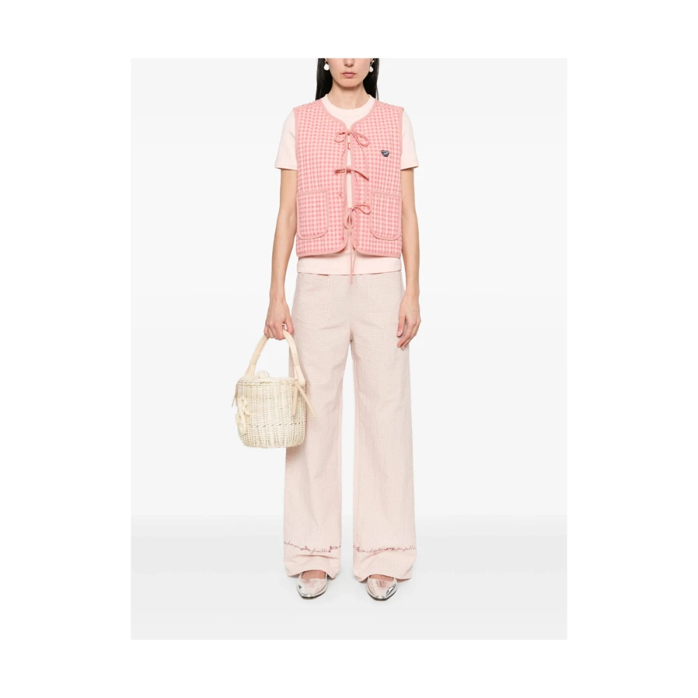Maison Labiche Gingham Check Sleeveless Waistcoat Pink Dames