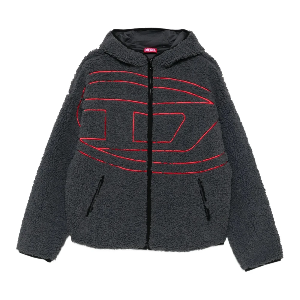 Diesel Men's Gray Zip-Throughs, Xl, Hooded Jacket With Embroidered Logo