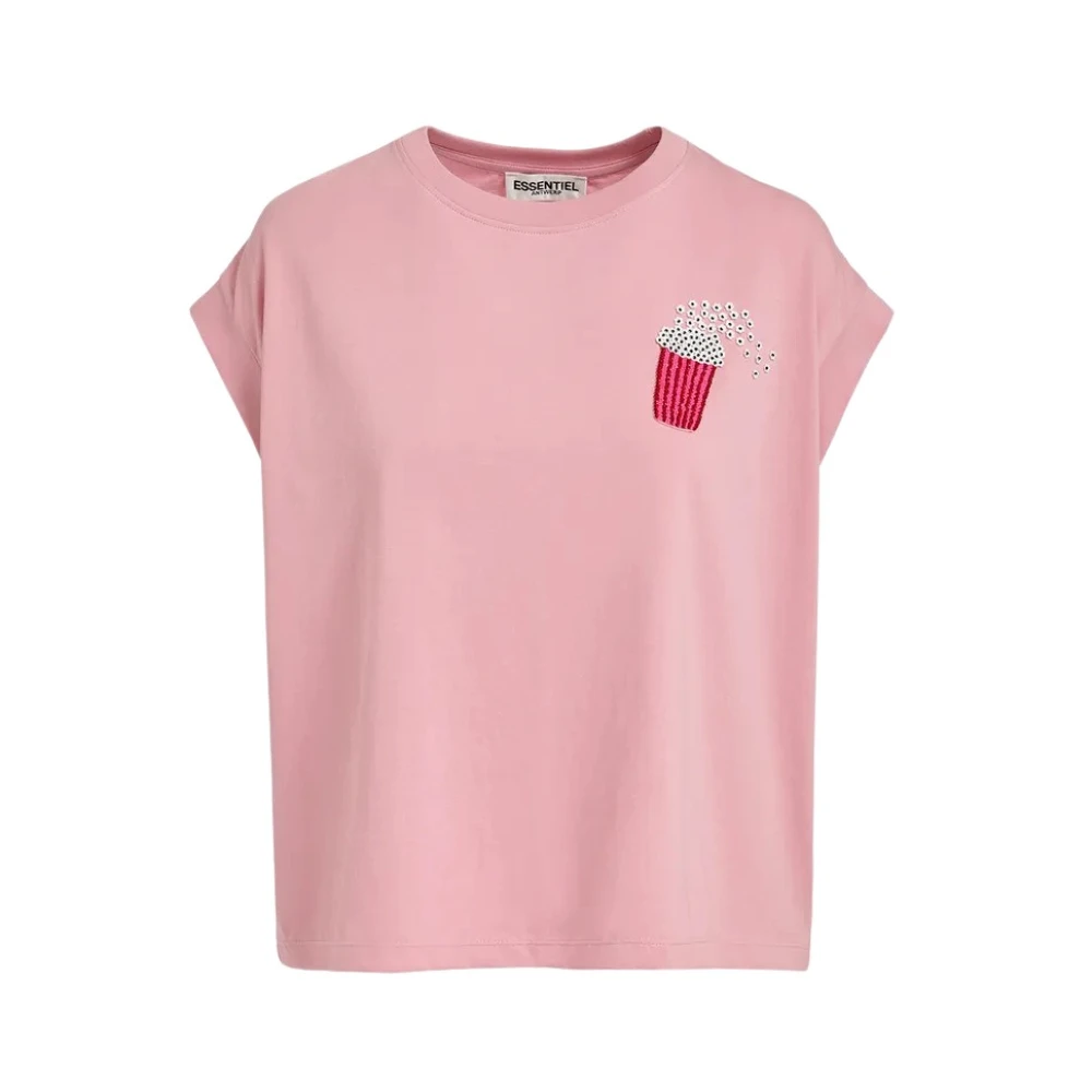 Essentiel Antwerp T-Shirt met Popcorn Kralenborduursel Pink Dames