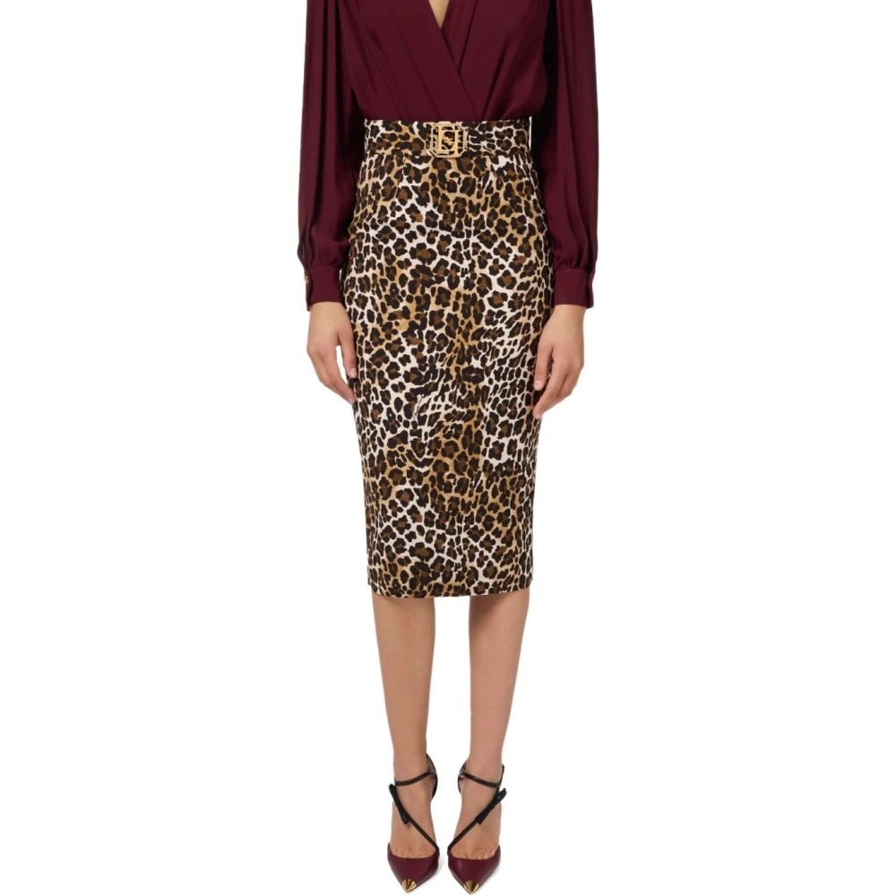 Elisabetta Franchi Animal-Print Midi Rok met Split Brown Dames