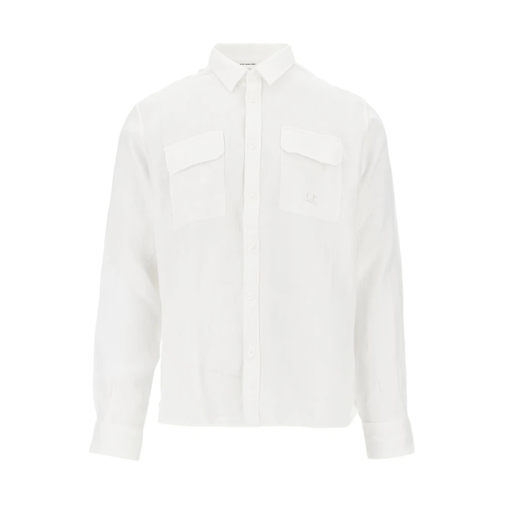C.p. Company Men's White Casual Shirts, Xl, Lightweight Linen Lens Shirt