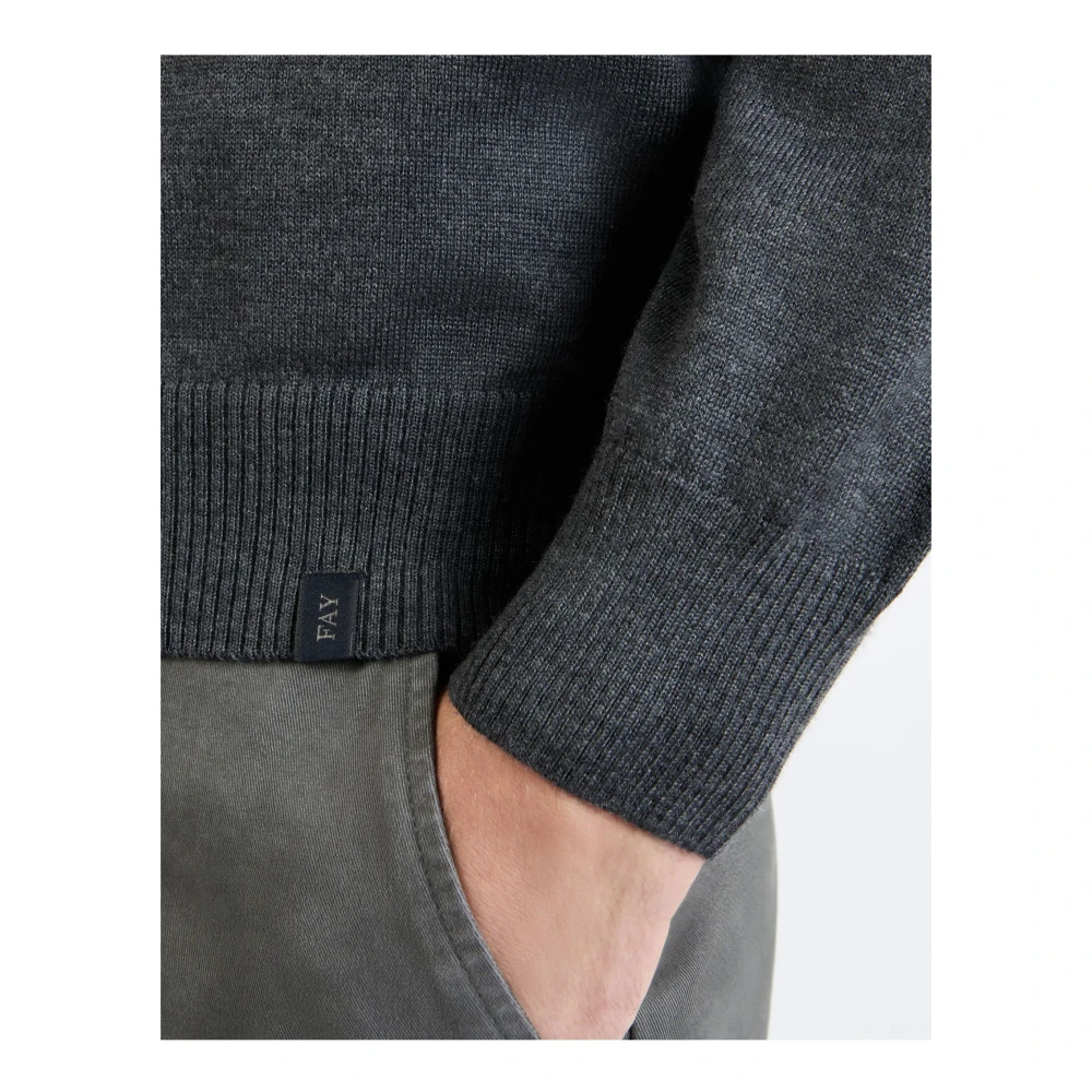 Fay Merino Wol Gebreide Trui met Contrasterende Patches Gray Heren
