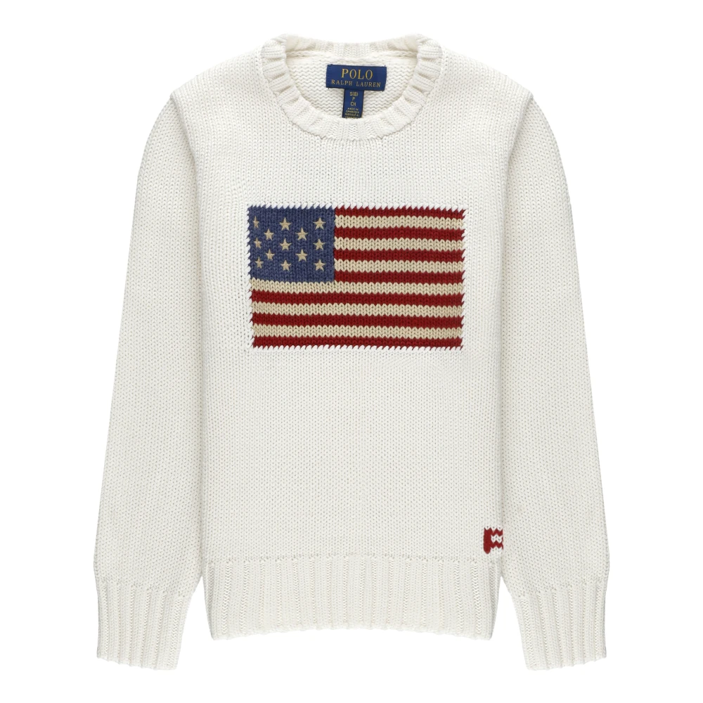 Ralph Lauren Boys White Kids Knitwear, S, Jumper With Flag And Monogram