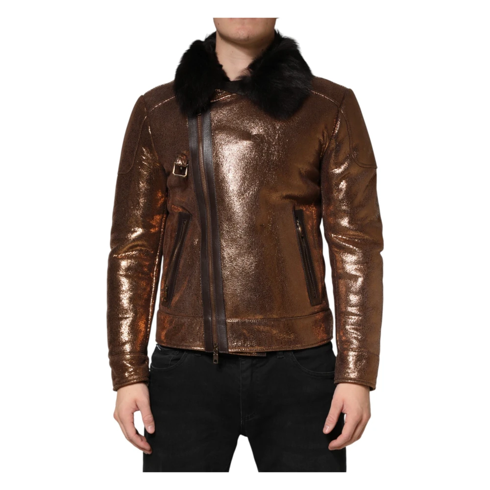 Dolce & Gabbana Leather Jackets, Male, 2XL, Leather Fur Full Zip Biker Jacket Brown