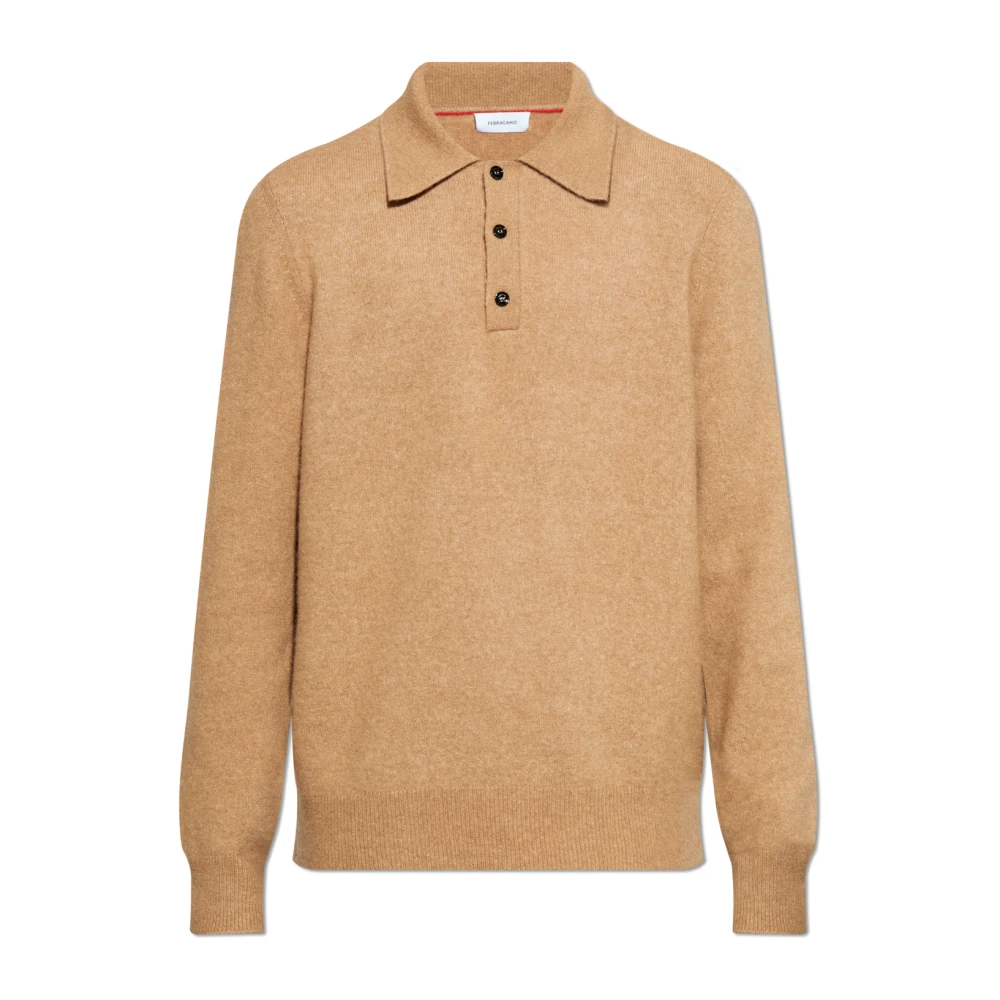 Ferragamo Men's Beige Polo Shirts, L, Wool Polo