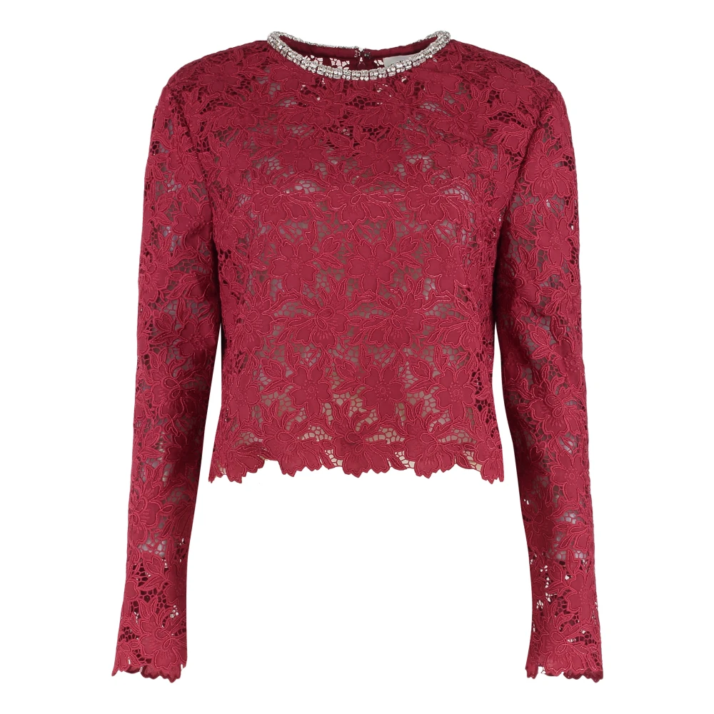 Self Portrait Women's Red Lace Crystal Top