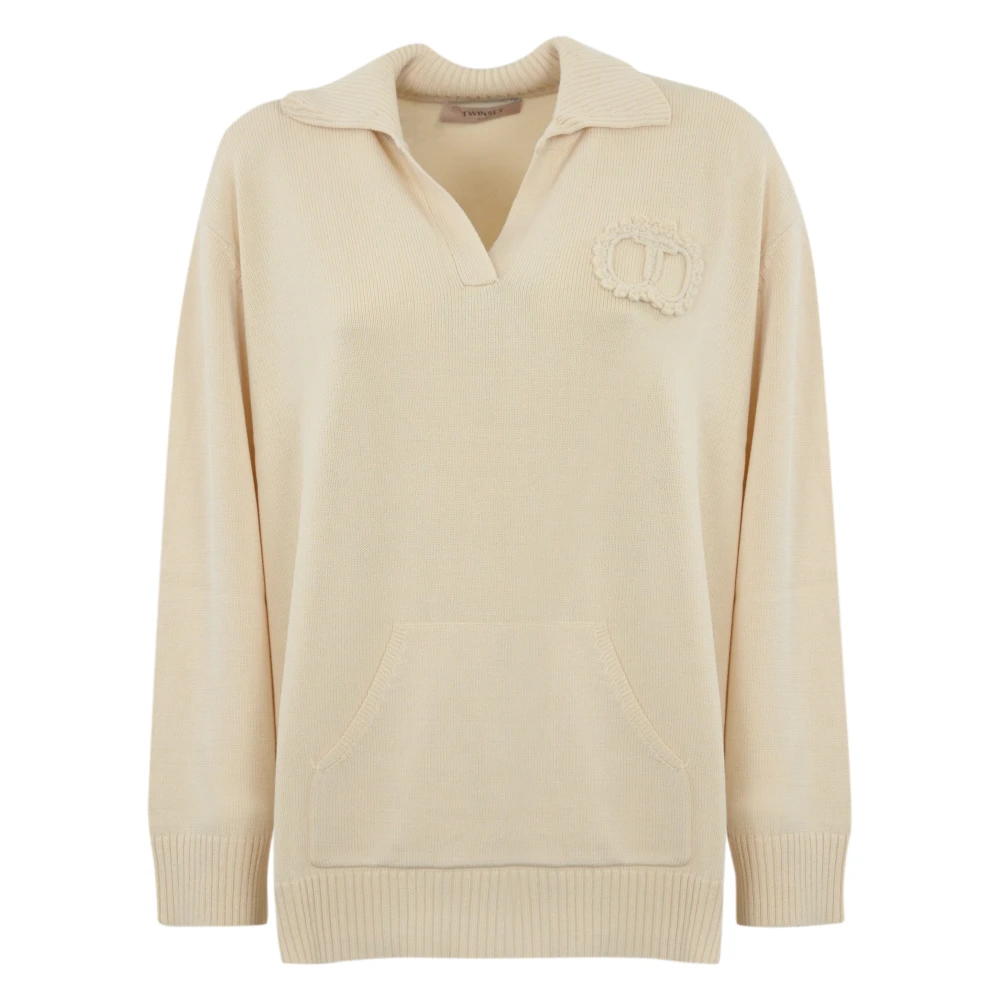 Twinset Bomull V-ringad tröja med logopatch Beige, Dam