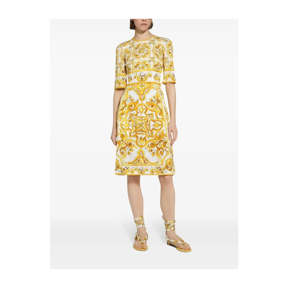 Dolce & Gabbana Majolica-print Charmeuse Midi Jurk Yellow Dames