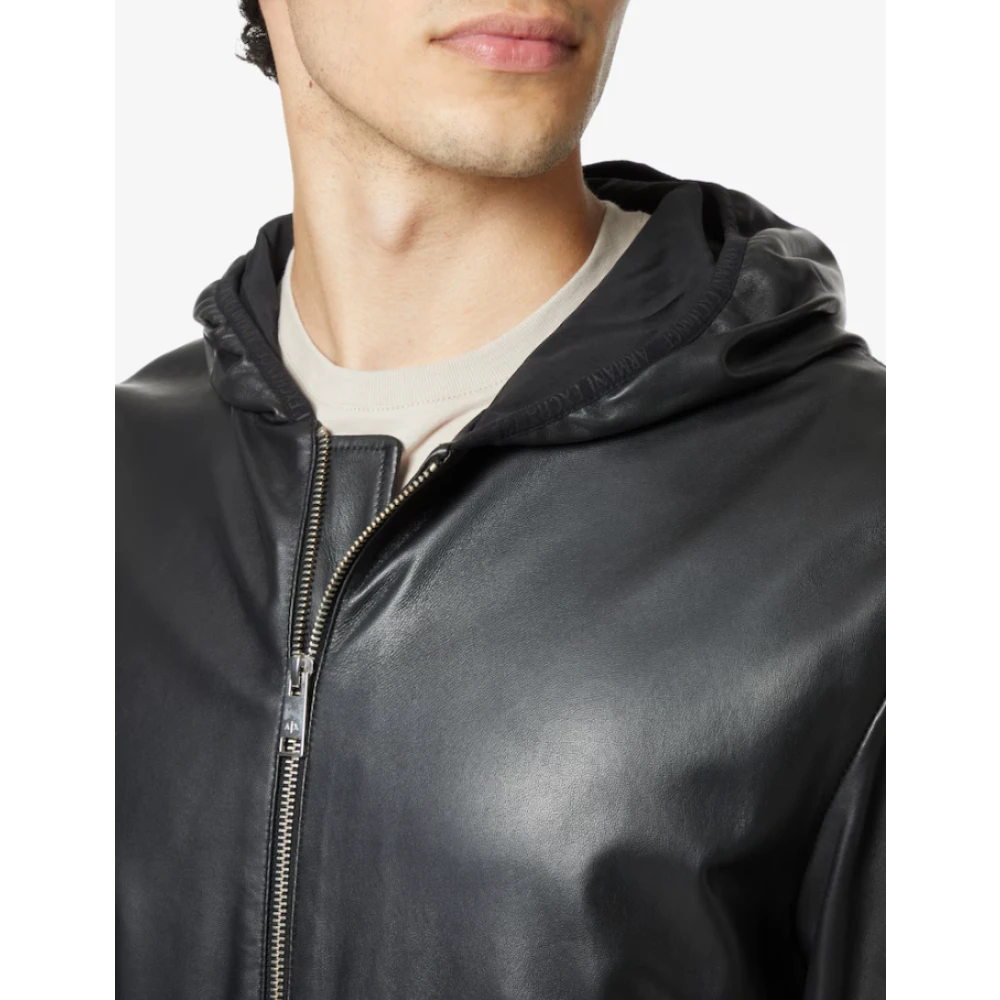 Armani Exchange Zwarte leren jas met capuchon en rits Black Heren