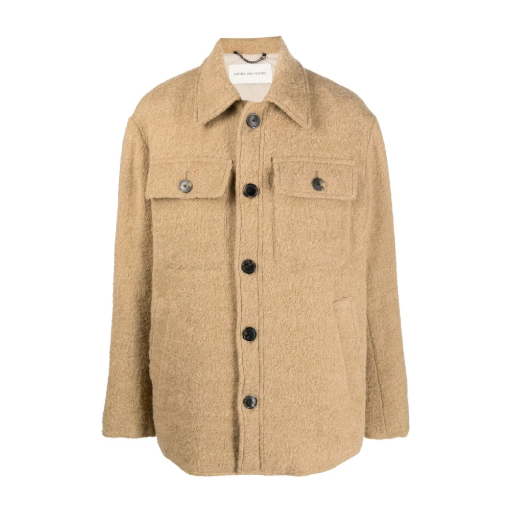 Dries Van Noten Alpaca Wool Button-Up Shirt Jacket Brown, Herr