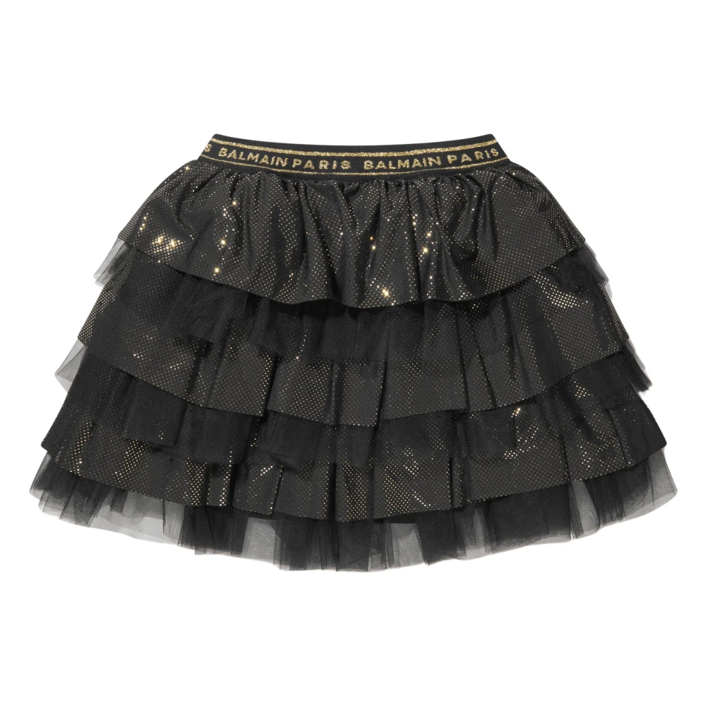 Balmain Girls Black Ruffle Skirt In With Gold Shimmer - Kids Skirts - 6 Y - Kids