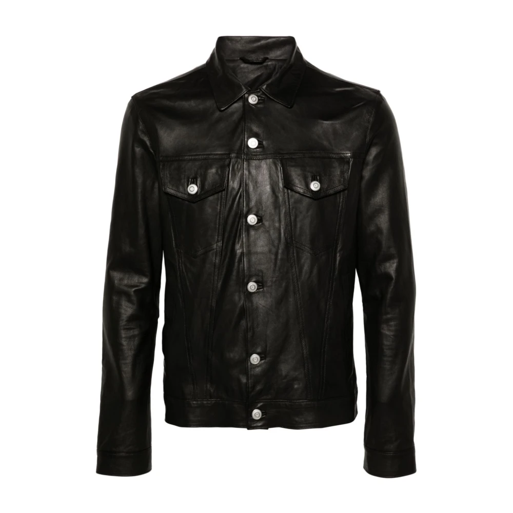 Giorgio Brato Zwarte leren jas met overhemdkraag en meerdere zakken Black Heren